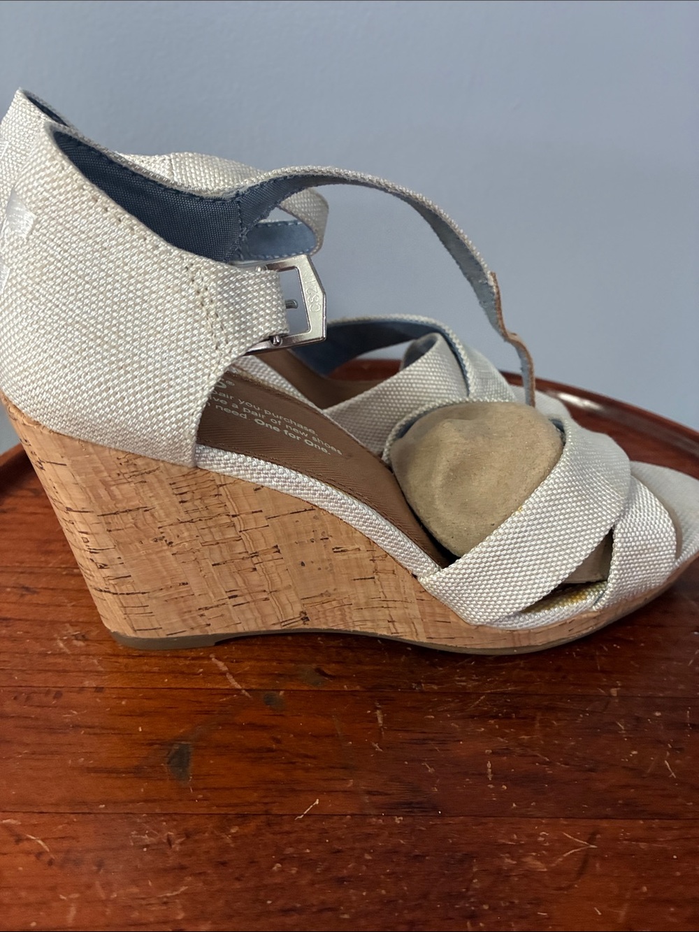 Toms Cream Crossed-Strap Wedge Sandals with Tan Buckle - Picture 3 of 7
